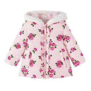 LITTLE ME Baby Toddler Girl Pink Roses Puffer Coat Jacket Hooded Fleece Warm 24m